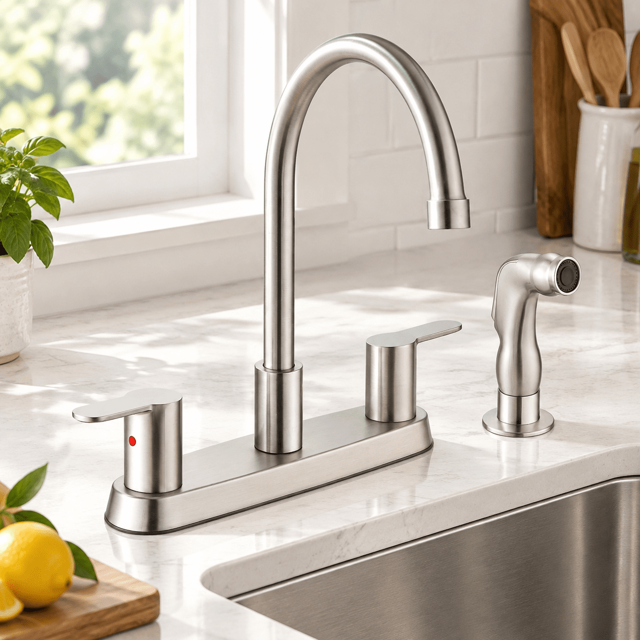 Center Faucet Inlets 8 Inch Centerset Kitchen Faucet Brushed Nickel 4 Hole with Sprayer ...