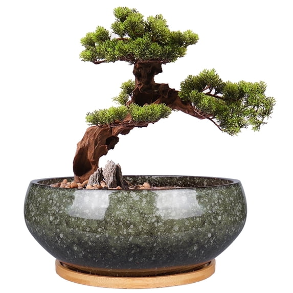 Ordivic 8 inch Green Shallow Ceramic Planter with Drainage Hole & Saucer, Round Bowl Pot for Bonsai Trees Cacti Succulents, Indoor Tabletop Housewarming Home Gift