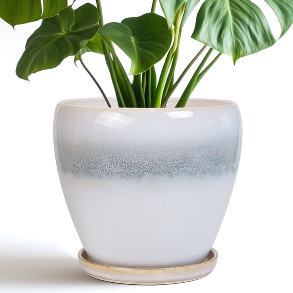 EPFamily 8 inch White Ceramic Planter with Saucer & Drainage, Modern Indoor Outdoor Plant Pots for Succulents, Cacti,Porches Decor