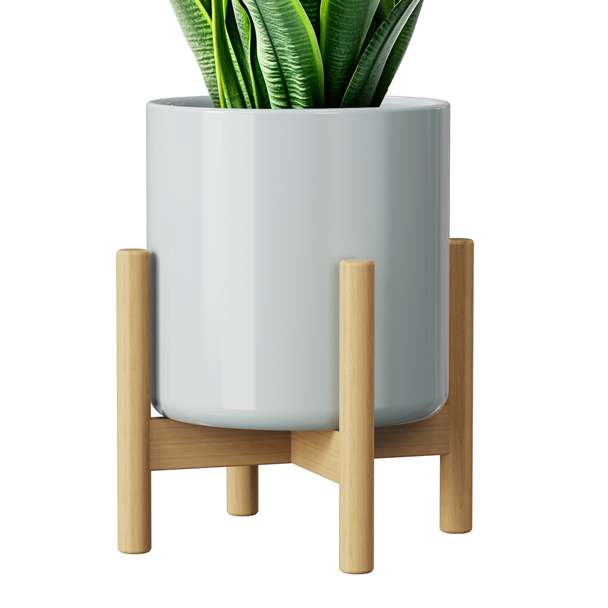 Standing Pot 8 Inch Ceramic Planter with Wood Stand, Mid-Century Modern Minimalist ...