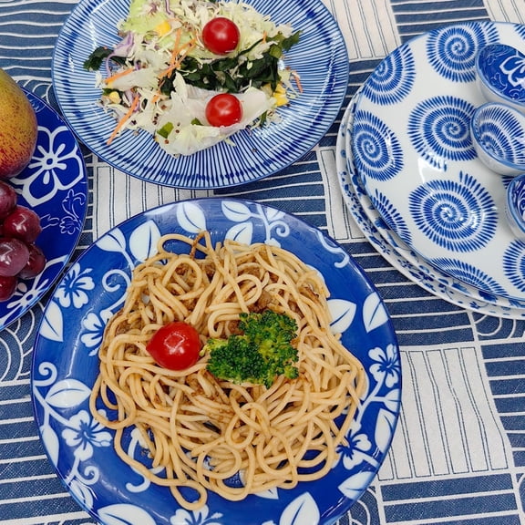 8 Inch Ceramic Dinner Plates Set of 6 with Spoons, Vintage Blue Japanese Style, Microwave Oven Dishwasher Safe, Premium Gift for Housewarming Birthday