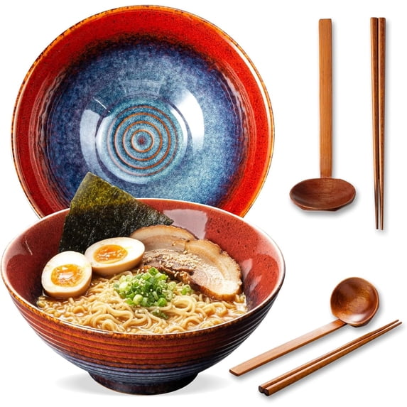 8 Inch Ceramic Ramen Bowl Set of 2, 40oz Bowls with Spoons & Chopsticks,Durable,Microwave & Dishwasher Safe, for Ramen,Pho,Salad,Soup,Noodles,Mixing bowls ( Galaxy)