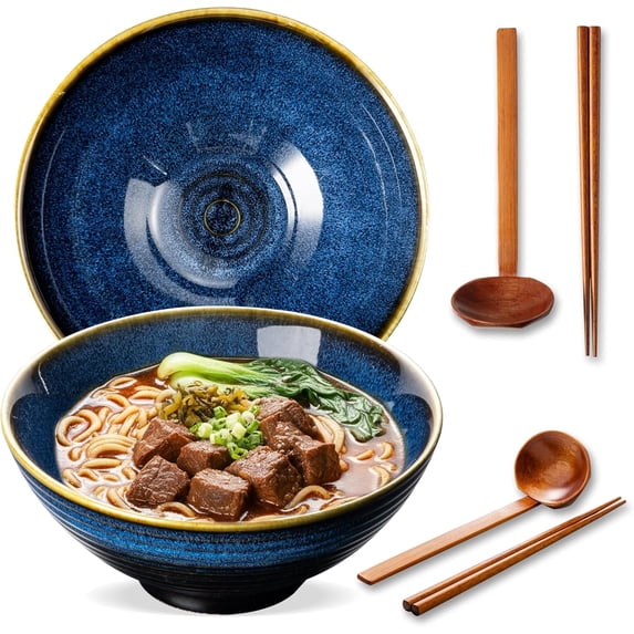 8 Inch Ceramic Ramen Bowl Set of 2, 40oz Japanese Bowls with Spoons & Chopsticks,Durable,Microwave & Dishwasher Safe,Perfect for Ramen,Pho,Salad,Soup,Noodles,Mixing bowls(Blue Topaz)