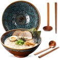 thumbnail image 1 of 8 Inch Ceramic Ramen Bowl Set of 2, 40oz Japanese Bowls with Spoons & Chopsticks,Durable,Microwave & Dishwasher Safe,Perfect for Ramen,Pho,Salad,Soup,Noodles，Mixing bowls（Verdigris Green）, 1 of 8