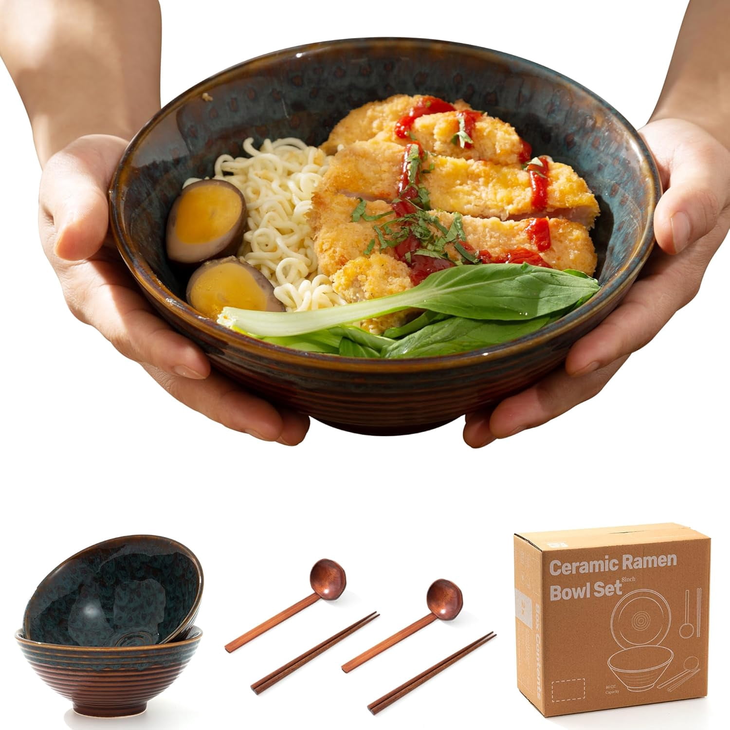 ArtifexCeram Ceramic Ramen Bowl Set Of 2 – 40oz, 8 Inch, With Spoons & Chopsticks, Microwave & Dishwasher Safe (Blue Topaz)