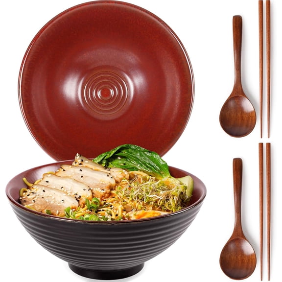 8 Inch Ceramic Ramen Bowl Set of 2 Pho Bowls 40oz Japanese Noodle Udon Soup Bowls with Spoons and Chopsticks (Rusty Red Brown)