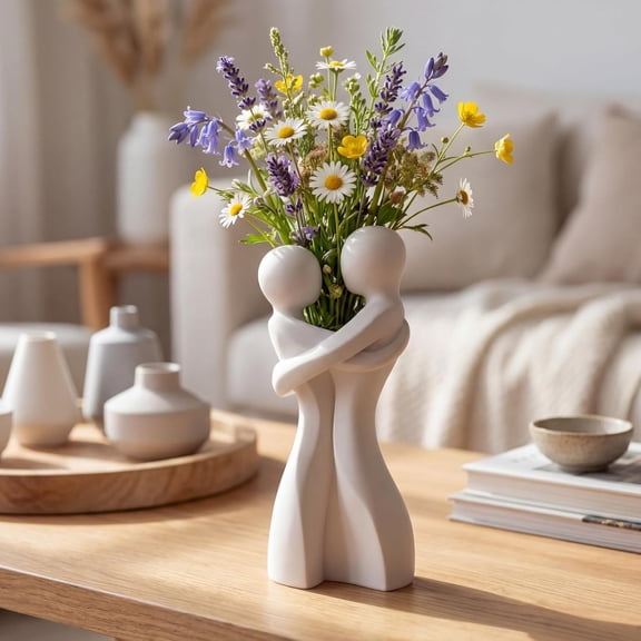 8 Inch Ceramic Unique Flower Vase Modern Loving Embrace Vase Abstract Modern Art for Flower White Cute Table Centerpiece for Home Office Bedroom Wedding Decoration