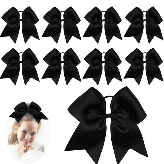 8 Inch Cheer Bow Big Hair Bows,Elastic Hair Bands Ties with Long Tail Ribbon,Black Bow Hair Ropes,Girls Women Hair Accessories,Ideal for Travel Birthday Party Cheerleading 10 Pack