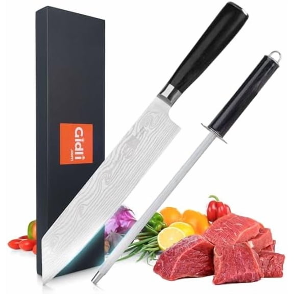 8-Inch Chef Knife with Diamond Sharpener Sharp Kitchen Knife Made of German Carbon Stainless Steel with Ergonomic Wooden Handle for Slicing, Chopping & Dicing Meat, Seafood. Gift Box Included
