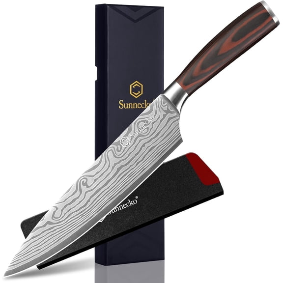 8 Inch Chef Knife - Ultra Sharp 12-15 Degree Edge Kitchen Knife for Meat Vegetable Cutting Japanese Style, High Carbon Stainless Steel Blade, Pakkawood Handle &Sheath, Cooking Father Day Gift