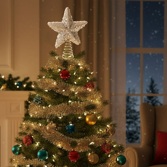 8-Inch Christmas Tree Topper Star - Gold Glitter Double-Sided Decor with Easy Clip Installation (Shatterproof Foam Core)