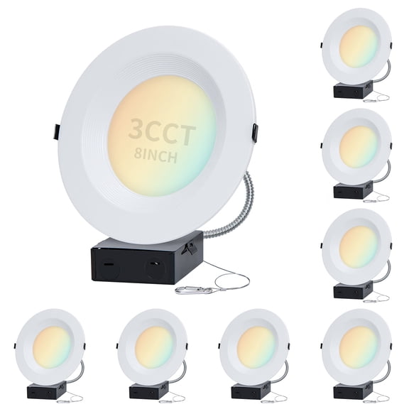 8 Inch Commercial Canless LED Downlight,16/21/27W,3CCT 3500K-5000K Round Recessed Lighting 8 inch Dimmable,120-277V,Wet Location For Corridor Library Offices, UL & Energy Star