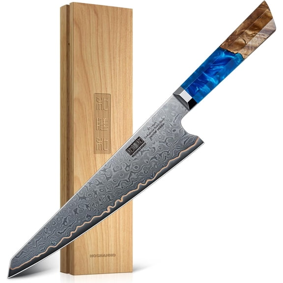 8 Inch Damascus Chef Knife 67-Layer Damascus Super Steel Professional Kitchen Knife Ultra Sharp Japanese Cooking Knives Ergonomic Blue Resin Stabilized Wood Handle with Wood Gift Box