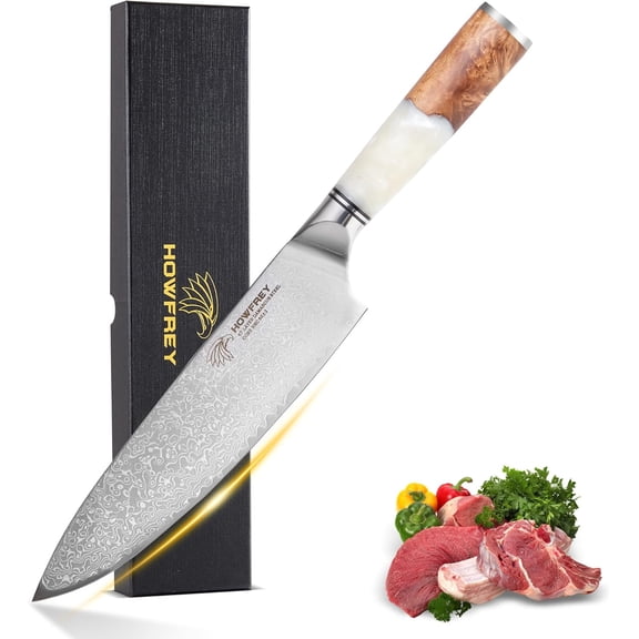 8 Inch Damascus Chef Knife, 67-Layer Japanese Kitchen Knives Sharp VG-10 High Carbon Stainless Steel with Ergonomic Pakkawood Handles, Elegant Gift Box Packaging for Home and Kitchen