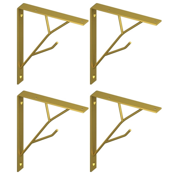 8 Inch Decorative Shelf Brackets, Heavy Duty Floating Shelves, Wall Mount Shelving Bracket, Hardware L Shape Tree Branch Metal Corner Brace Supporter for DIY Open Shelving, 4 Packs Gold
