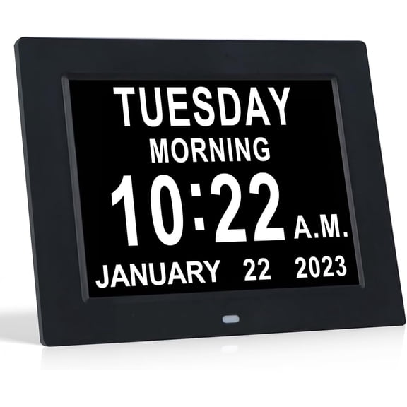 8 Inch Dementia Clock for Seniors Large Auto-Dimming Calendar Display with Date & Time, Multi-Language Support, Medicine Reminders & Alarms Wall or Desk Mount, Integrated Stand (Black, SD)