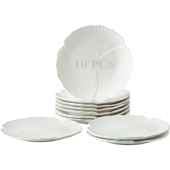 8 Inch Dessert Plates Set of 10, Ceramic Salad Plates, Lotus Shaped Appetizer Plate, Small White Dinner Plates for Cake Waffles Snacks Side Dish, Oven Microwave Dishwasher Safe