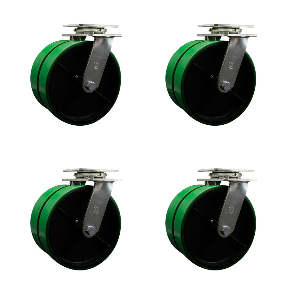 8 Inch Dual Green Poly on Cast Iron Wheels Swivel Caster Set with Ball Bearings