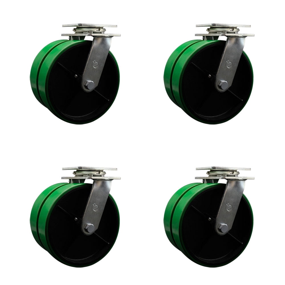 8 Inch Dual Green Poly on Cast Iron Wheels Swivel Caster Set with Roller Bearing