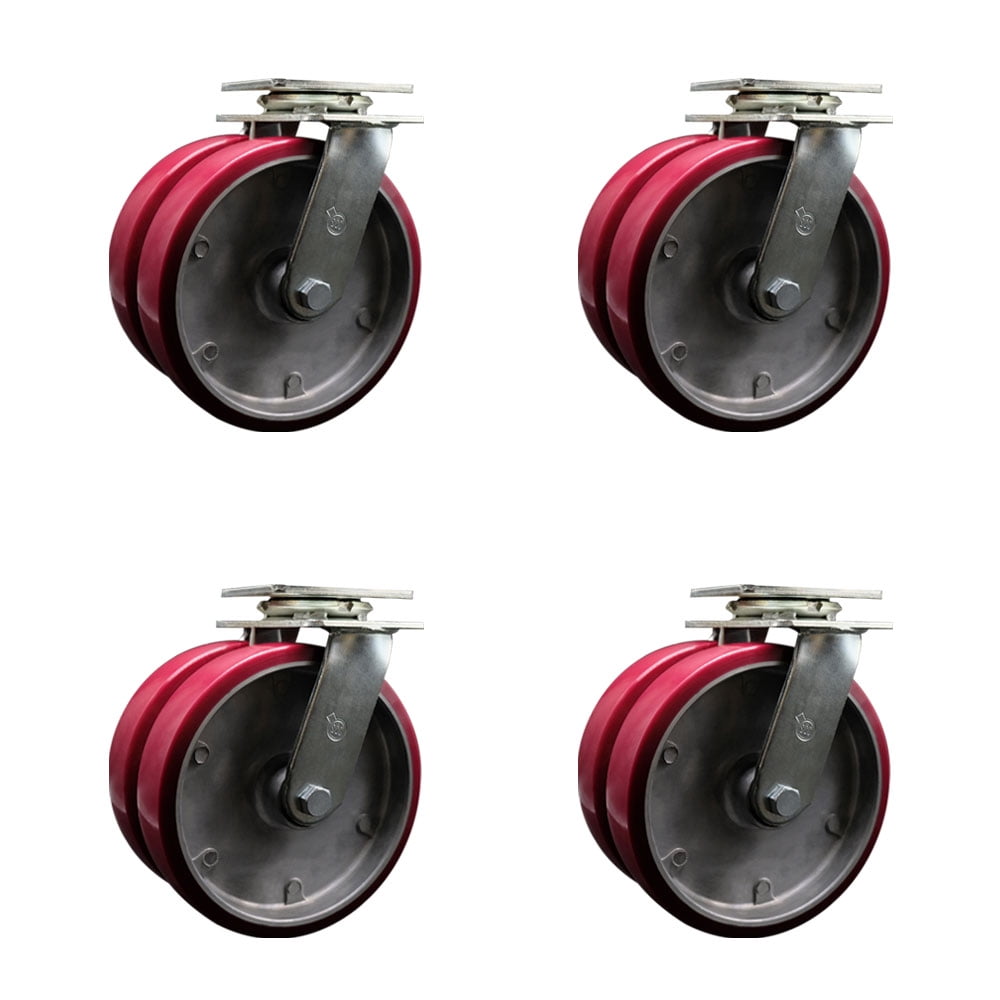 8 Inch Dual Poly on Aluminum Wheels Swivel Caster Set with Roller Bearings SCC