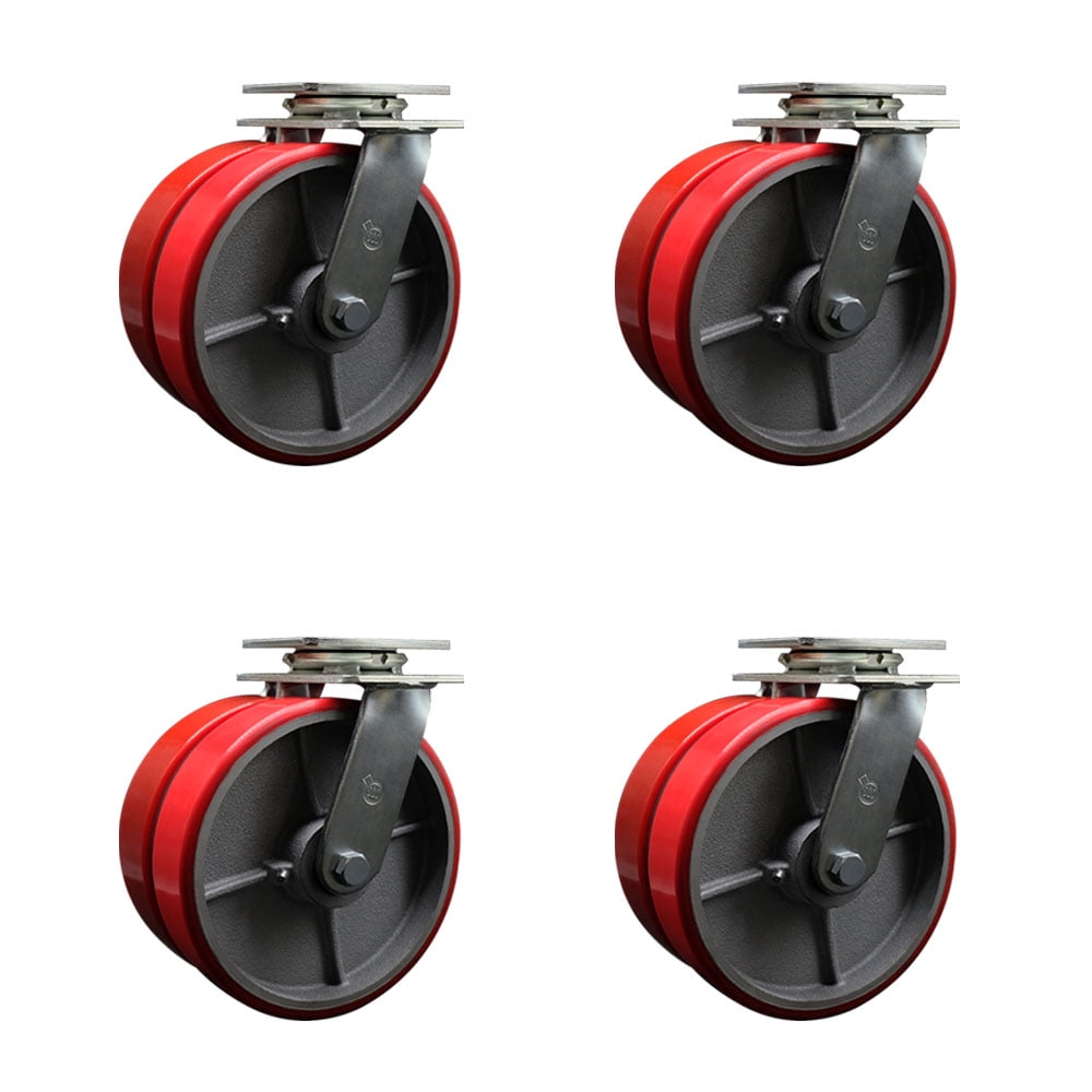 8 Inch Dual Red Poly on Cast Iron Wheels Swivel Caster Set with Roller Bearings