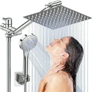 8 Inch Dual Shower Head Combo with 11'' Extension Arm, 5 Settings Adjustable Anti-leak High Pressure Shower Head with 59" Hose, Height/Angle Adjustable, Dual Anti-Clog Nozzles, Silver Chrome