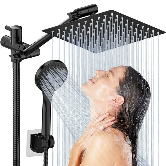 Cshidworld 8 Inch Dual Shower Head Combo with 11" Extension Arm, 5 Settings Adjustable Anti-leak High Pressure Shower Head with 59" Hose, Height/Angle Adjustable, Dual Anti-Clog Nozzles, Black