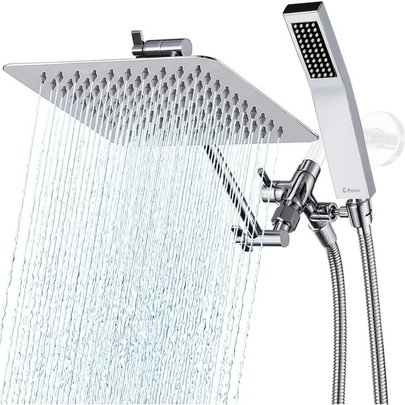 8-Inch Dual Square Chrome Shower Head with Handheld Spray, Adjustable Extension Arm, 3-Way Diverter, and 71-Inch Hose