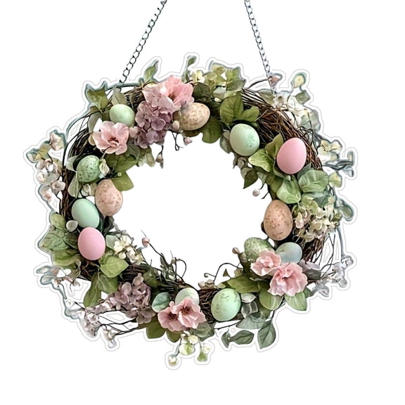 8 Inch Easter Eggs Hydrangea Flower Wreath for Front Door, Spring Summer Lamb Ear Eggs Floral Wreath with Berries for Indoor Outdoor, Easter Home Decor