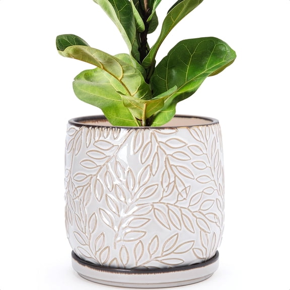 8 Inch Embossed Leaves Stoneware Planter Pot with Drainage Hole and Saucer in Smoked White
