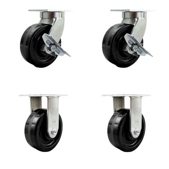 8 Inch Extra Heavy Duty Phenolic Wheel Swivel Caster Set 2 Brakes 2 Rigid SCC