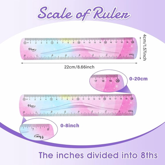 8 Inch Flexible Soft Ruler for Sewing and Drawing, Bendable Plastic Ruler in Inches and Centimeters, Rainbow Color Scale for Crafting and Office, Color 4