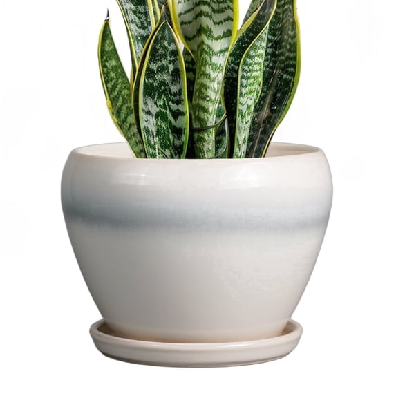 Ordivic 8 inch White Gray Ceramic Planter with Drainage Hole & Saucer, Round Indoor Medium Plant Pot for Snake Plant, Pothos, Entryway & Tabletop Houseplant Decor