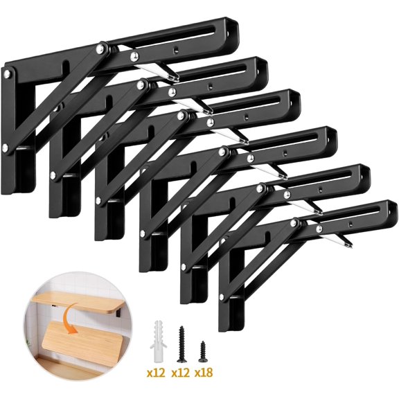 8 Inch Folding Shelf Bracket, 6 Pack Heavy Duty Wall Mounted Foldable Brackets, Space-Saving Metal Collapsible Shelf Brackets, Max Load:180lbs
