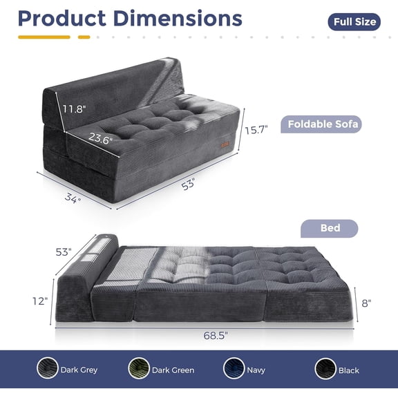 8 Inch Folding Sofa Bed, Convertible Sleeper Lounger with Tufted Design for Living Room Bedroom Dorm