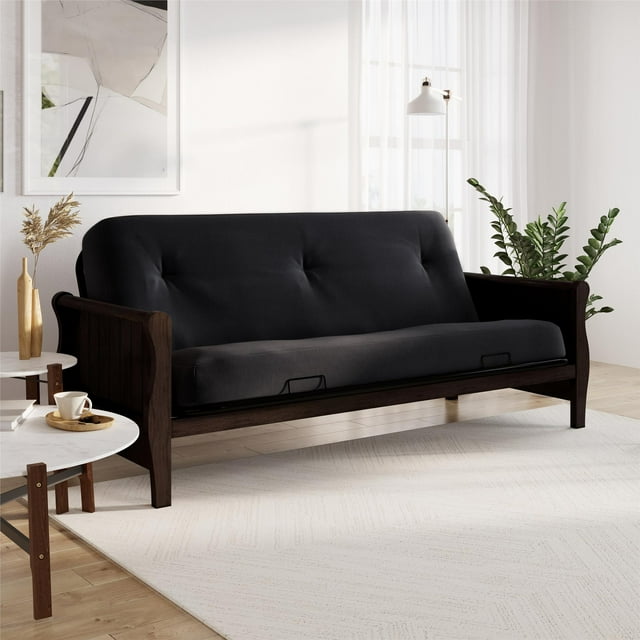 8 Inch Full Poly Futon Mattress with Full Size Espresso Wood Arm Futon