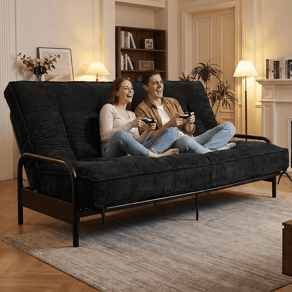 8 Inch Futon Mattress Queen Size, Futon Floor Sofa Bed Foldable with Soft Corduroy Fabric - 2 Storage Straps for Home, Guest Room, Dorm(Frame Not Included)