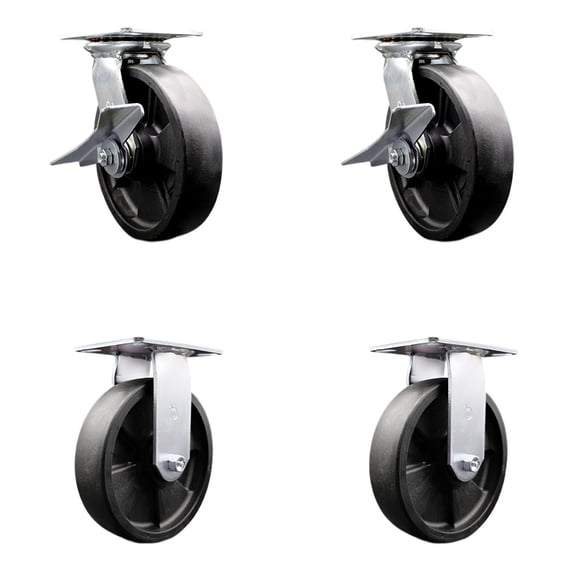 8 Inch Glass Filled Nylon Caster Set with Ball Bearing 2 Brakes and 2 Rigid SCC