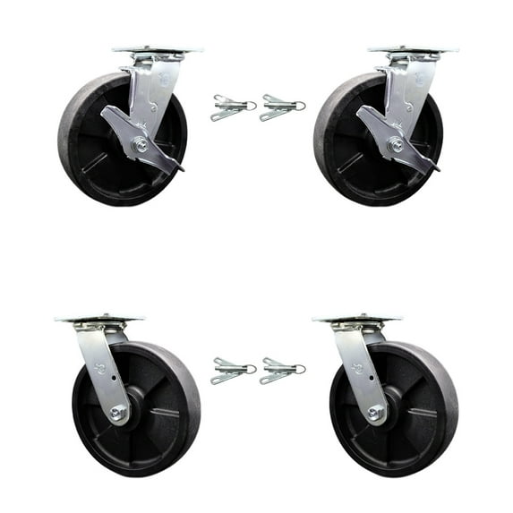 8 Inch Glass Filled Nylon Caster Set with Ball Bearings 4 Swivel Lock 2 Brake