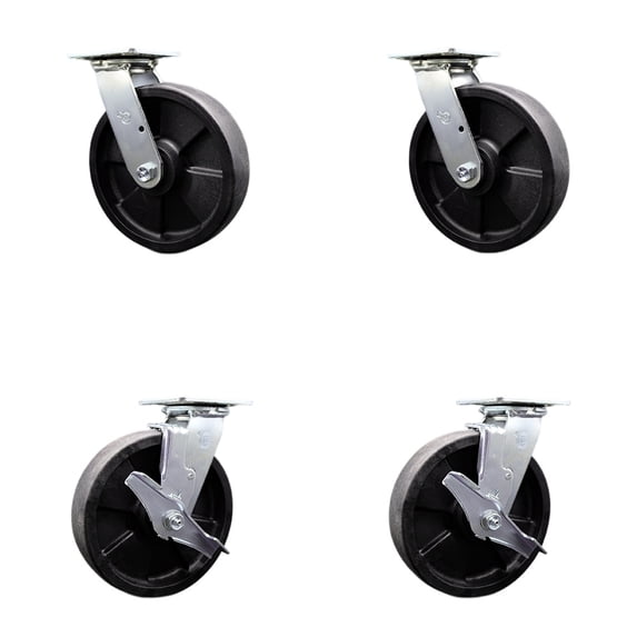 8 Inch SS Glass Filled Nylon Caster Set with Roll Bearings 2 Swivel Lock 2 Brake