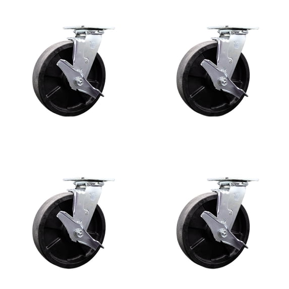 8 Inch Glass Filled Nylon Caster Set with Roller Bearings 4 Brake 2 Swivel Lock