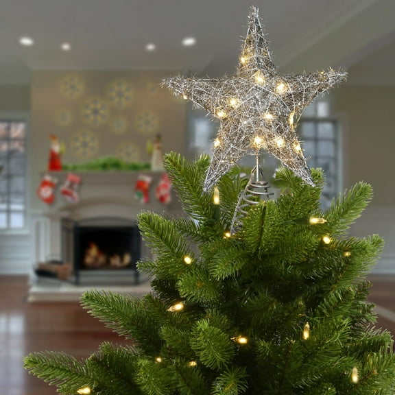 8 Inch Glittering Christmas Tree Topper Star with Lights - Silver Star Shaped Tree Top Pendant for Artificial Real Xmas Trees, Easy Installation for Holiday Home Decor