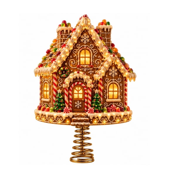 8 Inch Glowing Gingerbread House Christmas Tree Topper, Lighted Colorful Gingerbread House, LED Christmas Treetop Ornament with Spiral Base, Festive Holiday Tree Decoration for Home Office