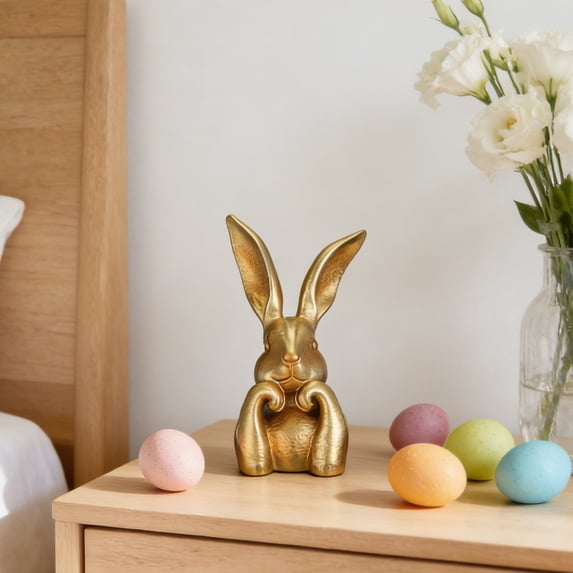 8 Inch Gold Bunny Figurine, Vintage Resin Easter Bunny Statue, Gold Bunnies Sculpture for Home Decor, Spring Holiday Table Centerpiece