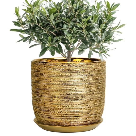 Ordivic 8 inch Round Gold Ceramic Planter with Drainage Hole & Saucer, Modern Indoor Outdoor Flower Pot for Snake Plants, Ficus, Bonsai, Home Garden Patio Decor