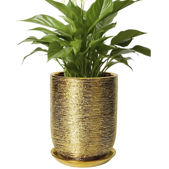 8 Inch Gold Ceramic Planter with Drainage Hole – Round Cylinder Flower Pot for Indoor Outdoor Plants, Luxe Decor