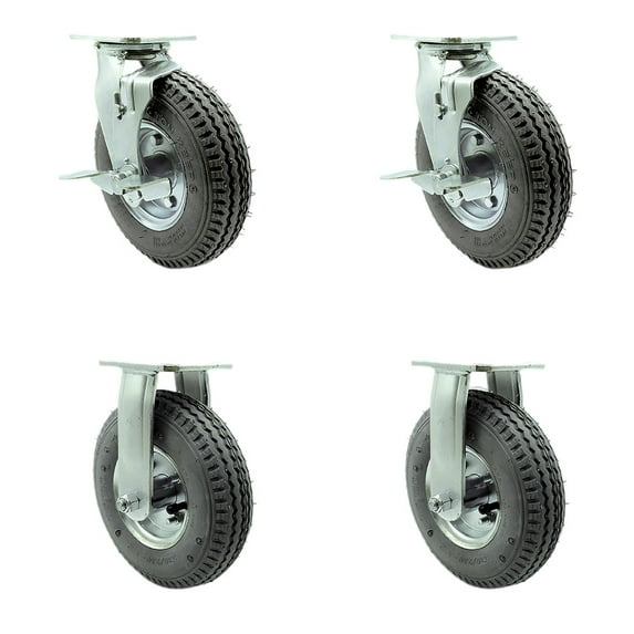 8 Inch Gray Pneumatic Wheel Caster Set 2 Swivel with Brake Swivel Lock 2 Rigid