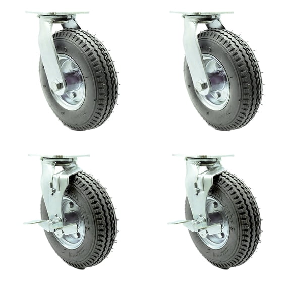 8 Inch Gray Pneumatic Wheel Caster Set 4 Swivel with 2 Brakes Service Caster