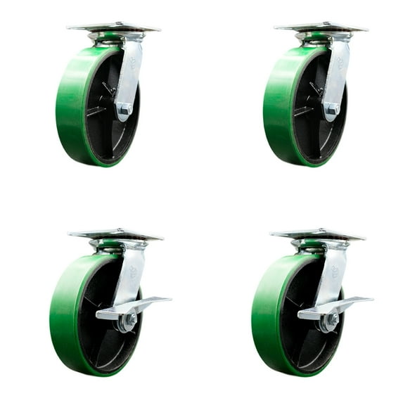 8 Inch Green Poly on Cast Iron Swivel Caster Set with Ball Bearings 2 Brakes SCC