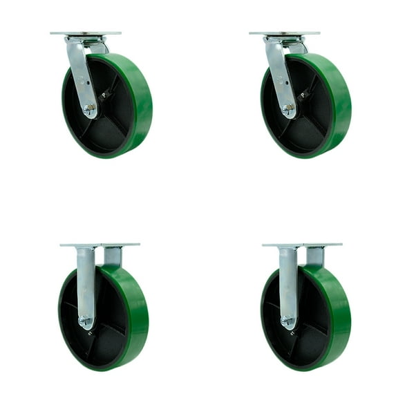 8 Inch Green Poly on Steel Caster Set with Roller Bearings 2 Swivel Lock 2 Rigid